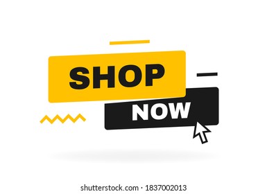 Shop now geometric badge with arrow click. Banner template design for business, shops, advertising , discount, sale. Vector illustration.