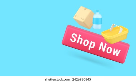 Shop now grocery shopping online store supermarket banner with copy space 3d icon realistic vector illustration. Internet market buying purchase order groceries food and drink commercial e business