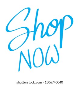 Shop now hand drawn lettering isolated on white background. Trendy shop now calligraphy for web site, ad, ui, promotion banner, design template and logo. Creative art concept, vector illustration