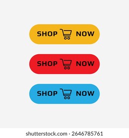 Shop now icon buttons. Buy now button for online shop. Set of shop now buttons with cart icon. Call for action buttons. Modern colorful buttons design