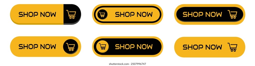 Shop now icon buttons. Set of shop now buttons with cart icon. Buy now button for online shop. Call for action buttons. Modern colorful buttons design. Vector illustration.