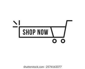 shop now icon with thin line shopping trolley. simple outline trend modern abstract e-shop logotype graphic design element isolated on white. concept of ecommerce advertising pictogram or easy buy