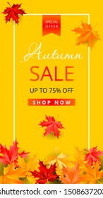 Shop now invitation yellow template for social media stories. Seasonal autumn special offer sale lettering with maple leaves.