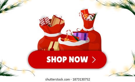 Compra ahora. Muchos regalos de Año Nuevo diferentes sobre el fondo festivo. Feliz Navidad y Feliz Año Nuevo. De color. Vacaciones de invierno le dan regalos realistas. Copos de nieve en el aire. Ilustración vectorial