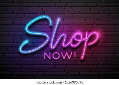 Shop now message neon light colorful design,on block wall black background, Eps 10 vector illustration