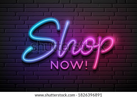 Shop now message neon light colorful design,on block wall black background, Eps 10 vector illustration