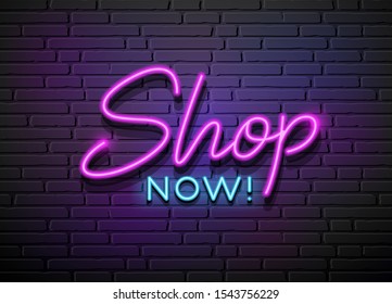 Shop Now Neon Light vector collections design on block wall black background, illustration