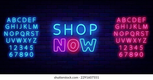 Comprar ahora texto de neón. Cartel de venta. Emblema de oferta especial. Etiqueta de comercialización. Banner brillante. Alfabeto turquesa claro y rosa. Diseño comercial. Trazo editable. Ilustración de material vectorial