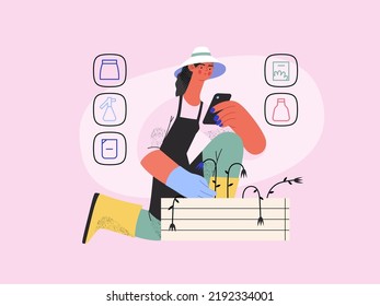 Shop now - Online shopping and electronic commerce series - modern flat vector concept illustration of a woman gardening and shopping online. Promotion, discounts, sale and online orders concept