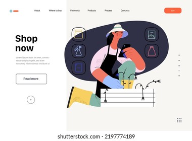 Shop now - Online shopping and electronic commerce web template - modern flat vector concept illustration of a woman gardening and shopping online. Promotion, discounts, sale and online orders concept
