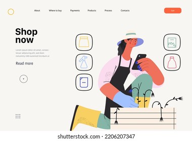Shop now - Online shopping and electronic commerce web template - modern flat vector concept illustration of a woman gardening and shopping online. Promotion, discounts, sale and online orders concept