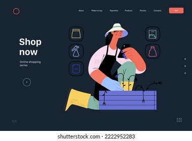 Shop now - Online shopping and electronic commerce web template - modern flat vector concept illustration of a woman gardening and shopping online. Promotion, discounts, sale and online orders concept