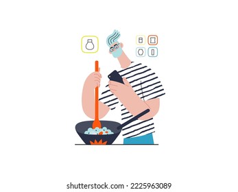 Shop now - Online shopping and electronic commerce series - modern flat vector concept illustration of a man cooking in pan and shopping. Promotion, discounts, sale and online orders concept