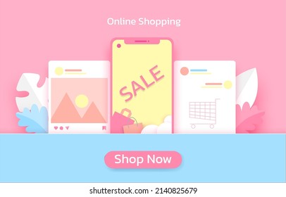 shop now, online shopping, sale, phone, paper cut and craft style. vector art and illustration.