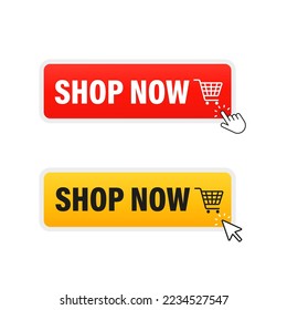 Shop Jetzt drücken Sie die Taste mit dem Pfeil-Zeiger und Hand. Vektorgrafik