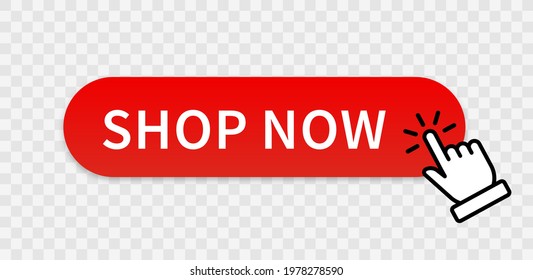 Shop now red button with hand cursor. Buy now hand pointer clicking. Click here banner with shadow. Click button isolated. Online shopping. Vector illustration.