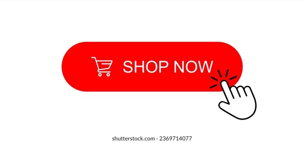 Shop now red button with hand cursor. Buy now hand pointer clicking. Click here banner with shadow. Click button isolated. Online shopping. Vector 10 eps.
