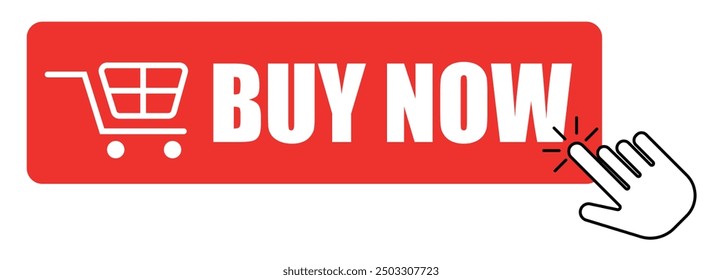 Shop now red button with hand cursor. Buy now hand pointer clicking. Click here banner in red colour. Click button isolated. Online shopping. Vector illustration.