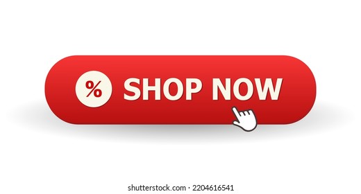 SHOP NOW. Red button with index finger cursor and percent sign. 3 D. Vector illustration.