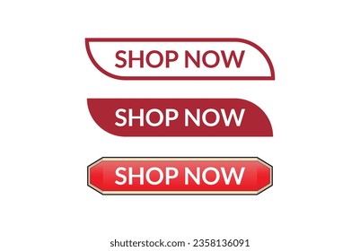 Shop now red ribbon label banner set. Open available now sign or Shop now tag.