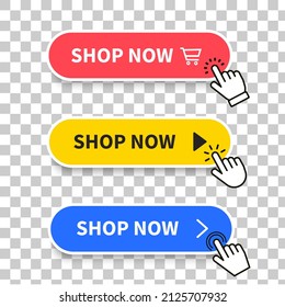 Shop now red, yellow and blue buttons with hand cursor. Button hand pointer clicking. Click here banner with shadow. Click button isolated. Online shopping. Vector illustration 