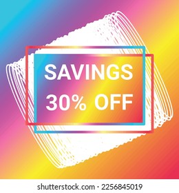 shop now sale savings 30 percent off sign holographic gradient over art white round bangles shapes on colorful gradient background Vector illustration