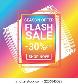 shop now season offer flash sale 30% off sign holographic gradient over art white round bangles on colorful gradient  background vector illustration