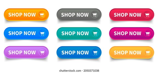 Compra ahora. Un juego de botones ahora o comprar ahora. Colección moderna para el sitio web. Ilustración vectorial.
