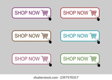 Compra ahora. Tienda de botones ahora o compra ahora, compras en línea. Haga clic aquí, botones pulsando con la mano. Botón Comprar ahora. Ilustración vectorial en diseño plano. Colección moderna para el sitio web. Vector