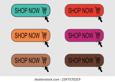 Compra ahora. Tienda de botones ahora o compra ahora, compras en línea. Haga clic aquí, botones pulsando con la mano. Botón Comprar ahora. Ilustración vectorial en diseño plano. Colección moderna para el sitio web. Vector