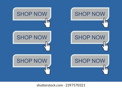 Shop now. Set of button shop now or buy now, Online shopping. Click here, buttons hand pointer clicking. Shop now button. Vector illustration in flat design . Modern collection for web site. Vector