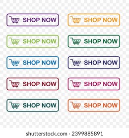 Shop now. Set of  buy now button with shopping cart. Modern collection for web site. Online shopping. Click here, apply, buttons hand pointer clicking. Web design elements.