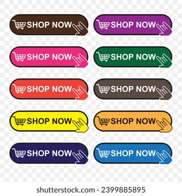 Shop now. Set of  buy now button with shopping cart. Modern collection for web site. Online shopping. Click here, apply, buttons hand pointer clicking. Web design elements.