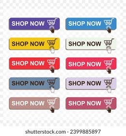 Shop now. Set of  buy now button with shopping cart. Modern collection for web site. Online shopping. Click here, apply, buttons hand pointer clicking. Web design elements.