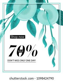 Shop now, seventy percent sale, do not miss only one day, coupon design with mint calla lily and frame. Text can be used for flyers, posters, banners.