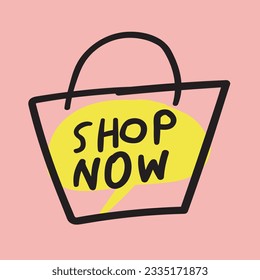 Shop now. Shopping marketing phrase. Graphic design on pink background. 