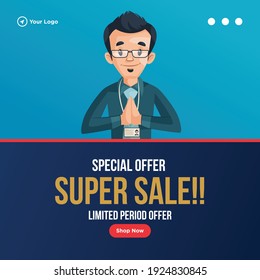 Shop now for a special offer super sale banner design. Boy is with greet hands. Vector graphic illustration.