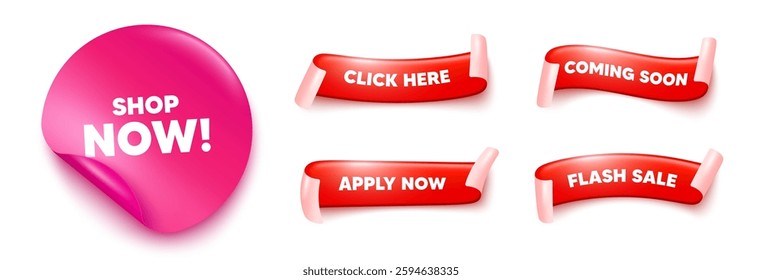 Shop now sticker, offer ribbons. Apply now, Flash sale. Shop now tag. Special offer sign. Retail Advertising symbol. Pink sticker tag. Flag ribbon banners. Vector