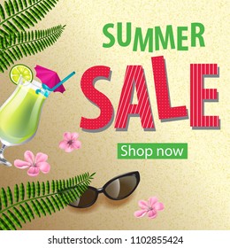 Shop now summer sale poster design with pink flowers, sunglasses, mojito and tropical leaves. Text can be used for signs, labels, flyers, banners