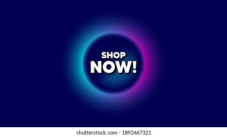 Shop now symbol. Abstract neon background with dotwork shape. Special offer sign. Retail Advertising. Offer neon banner. Shop now badge. Space background with abstract planet. Vector