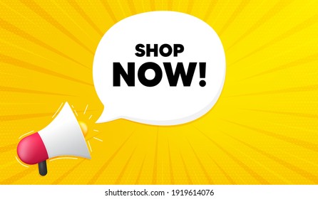 Shop now symbol. Yellow background with megaphone. Special offer sign. Retail Advertising. Megaphone banner. Shop now speech bubble. Loudspeaker background. Vector