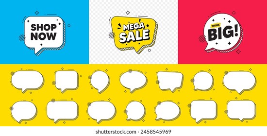 Shop now tag. Mega sale chat speech bubble. Special offer sign. Retail Advertising symbol. Shop now chat message. Think big speech bubble banner. Offer text balloon. Vector