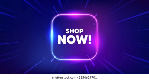 Shop now tag. Neon light frame box banner. Special offer sign. Retail Advertising symbol. Shop now neon light frame message. Vector