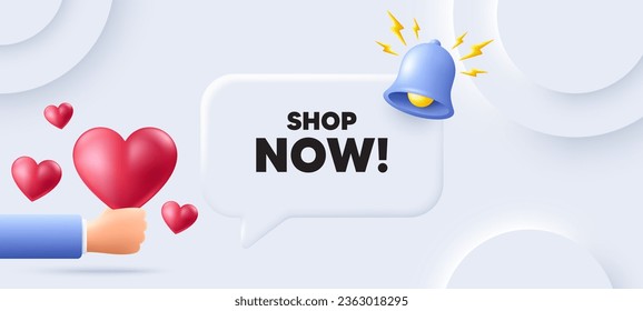 Jetzt kaufen Tag. Neumorpher Hintergrund mit Sprachblase. Sonderangebot-Schild. Werbesymbol für den Einzelhandel. Jetzt Sprachnachricht einkaufen. Banner mit 3D-Herzen. Vektorgrafik