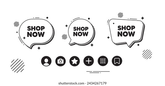 Shop now tag. Speech bubble offer icons. Special offer sign. Retail Advertising symbol. Shop now chat text box. Social media icons. Speech bubble text balloon. Vector