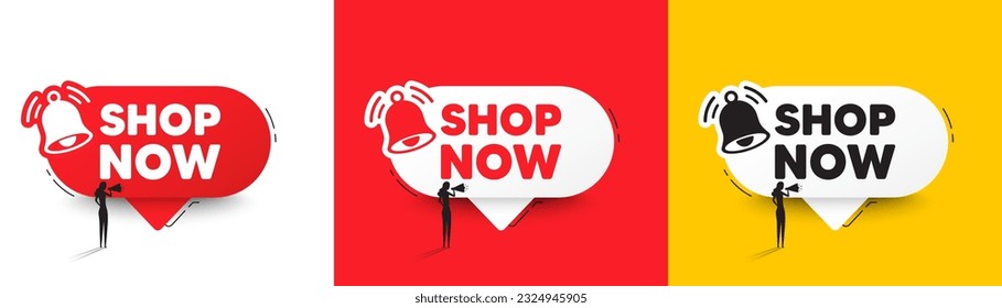 Shop now tag. Speech bubbles with bell and woman silhouette. Special offer sign. Retail Advertising symbol. Shop now chat speech message. Woman with megaphone. Vector