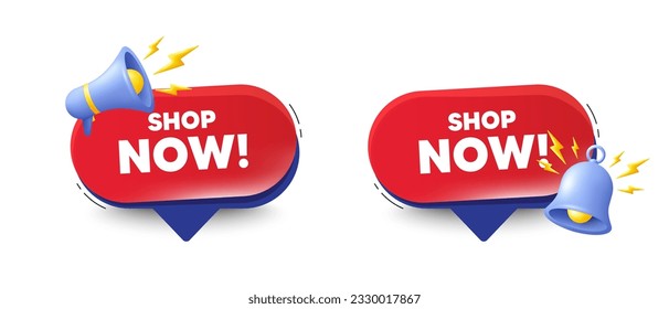 Shop now tag. Speech bubbles with 3d bell, megaphone. Special offer sign. Retail Advertising symbol. Shop now chat speech message. Red offer talk box. Vector