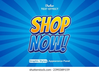 tienda ahora efecto de texto estilo gráfico color naranja y azul editable.