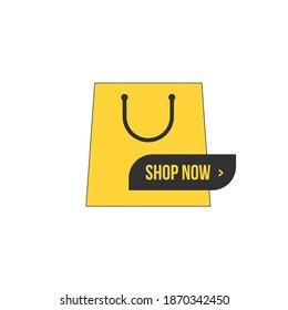 Shop now web button with shopping bag. Stock vector illustration isolated on white background.