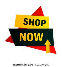 Shop now yellow and black bright banner design. Red triangle and arrow shape vector illustration. Abstract graphic element with text. Template for promotion poster, advertising label or flyer